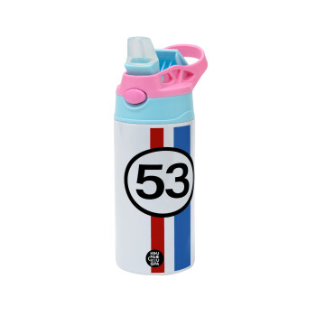 VW Herbie 53, Children's hot water bottle, stainless steel, with safety straw, Pink/BlueCiel (360ml) BPA FREE