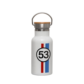 VW Herbie 53, Metallic thermos (Stainless steel) White with wooden lid (bamboo), double-walled, 350ml