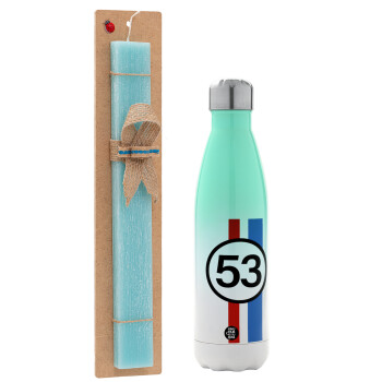 VW Herbie 53, Easter Set, Metallic green/white thermos (Stainless steel), double-walled, 500ml & scented flat Easter candle (30cm) (TURQUOISE)