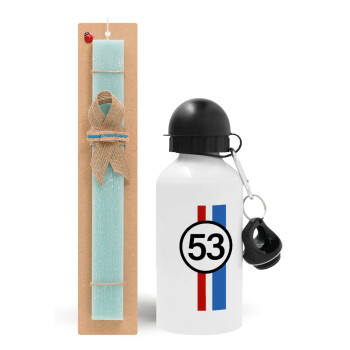 VW Herbie 53, Easter Set, metallic aluminum water bottle (500ml) & scented flat candle (30cm) (TURQUOISE)