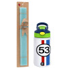 Easter Set, Children's thermal stainless steel bottle with safety straw, green/blue (350ml) & aromatic flat Easter candle (30cm) (TURQUOISE)