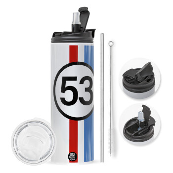 VW Herbie 53, Travel Tumbler θερμό με διπλό καπάκι, μεταλλικό καλαμάκι και βούρτσα καθαρισμού (Ανωξείδωτο 304 Food grade, BPA free, 600ml)