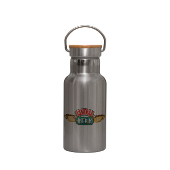 Central perk, Stainless steel metallic thermos flask, silver with a bamboo lid, double-walled, 350ml.