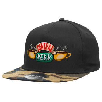 Central perk, Adult Flat Snapback Hat Black/Camouflage, (100% COTTON TWILL, ADULT, UNISEX, ONE SIZE)