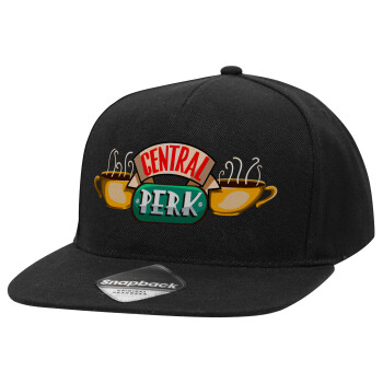 Central perk, Adult Flat Snapback Hat Black, (100% COTTON TWILL, ADULT, UNISEX, ONE SIZE)