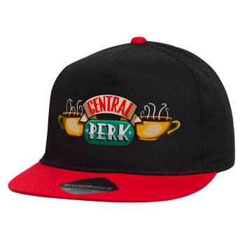 Central perk, Children's Flat Snapback Hat, Black/Red (100% COTTON, CHILDREN'S, UNISEX, ONE SIZE)