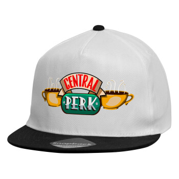 Central perk, Καπέλο παιδικό Flat Snapback, Λευκό (100% ΒΑΜΒΑΚΕΡΟ, ΠΑΙΔΙΚΟ, UNISEX, ONE SIZE)