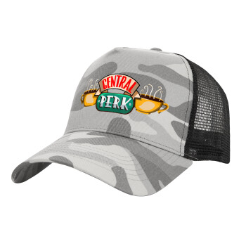 Central perk, Adult Structured Trucker Hat, with Mesh, (Camouflage) Army Camo (100% COTTON, ADULT, UNISEX, ONE SIZE)