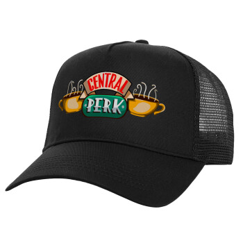 Central perk, Structured Trucker Adult Hat, with Mesh, Black (100% COTTON, ADULT, UNISEX, ONE SIZE)