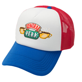 Central perk, Adult Soft Trucker Hat with Red/Blue/White Mesh (POLYESTER, ADULT, UNISEX, ONE SIZE)