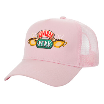 Central perk, Adult Structured Trucker Hat, with Mesh, PINK (100% COTTON, ADULT, UNISEX, ONE SIZE)