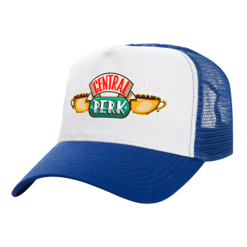 Central perk, Adult Structured Trucker Hat, with Mesh, WHITE/BLUE (100% COTTON, ADULT, UNISEX, ONE SIZE)