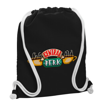 Central perk, Τσάντα πλάτης πουγκί GYMBAG Μαύρη, με τσέπη (40x48cm) & χονδρά λευκά κορδόνια