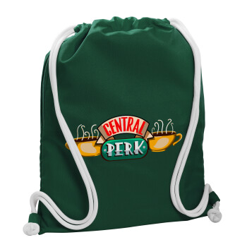 Central perk, Τσάντα πλάτης πουγκί GYMBAG BOTTLE GREEN, με τσέπη (40x48cm) & χονδρά λευκά κορδόνια