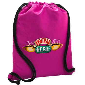 Central perk, Backpack pouch GYMBAG Fuchsia, with pocket (40x48cm) & thick cords