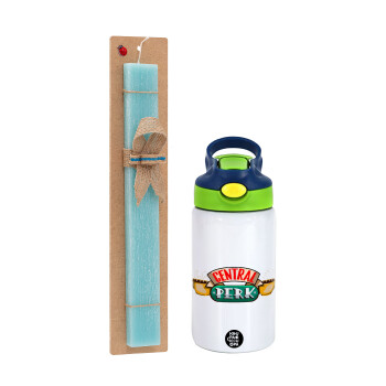 Central perk, Easter Set, Children's thermal stainless steel bottle with safety straw, green/blue (350ml) & aromatic flat Easter candle (30cm) (TURQUOISE)