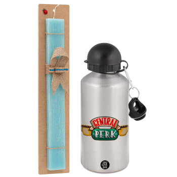 Central perk, Easter Set, metallic silver aluminum water bottle (500ml) & scented flat Easter candle (30cm) (TURQUOISE)