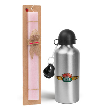 Central perk, Easter Set, metallic Silver aluminum water bottle (500ml) & scented flat Easter candle (30cm) (PINK)