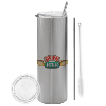 Central perk, Tumbler ποτήρι θερμό Ασημένιο από ανοξείδωτο ατσάλι 600ml, με μεταλλικό καλαμάκι & βούρτσα καθαρισμού