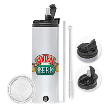 Central perk, Travel Tumbler θερμό με διπλό καπάκι, μεταλλικό καλαμάκι και βούρτσα καθαρισμού (Ανωξείδωτο 304 Food grade, BPA free, 600ml)