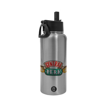 Central perk, Metal mug thermo Silver with Straw and Spout Lid (Stainless steel), double wall, 950ml