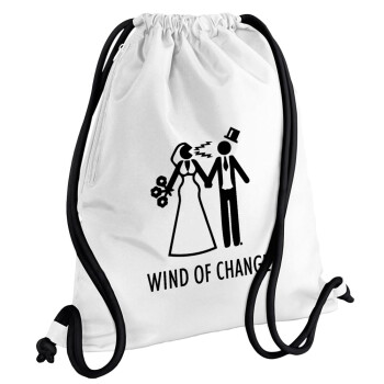 Couple Wind of Change, Τσάντα πλάτης πουγκί GYMBAG λευκή, με τσέπη (40x48cm) & χονδρά κορδόνια