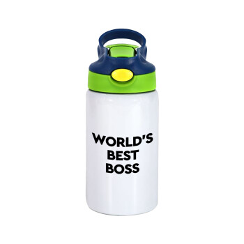 World's best boss, Children's hot water bottle, stainless steel, with safety straw, green, blue (350ml)