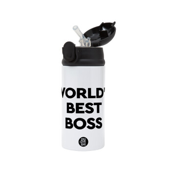 World's best boss, Children's hot water bottle, stainless steel, with safety straw, Black (360ml) BPA-FREE