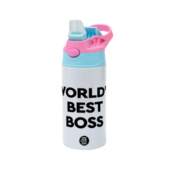 World's best boss, Children's hot water bottle, stainless steel, with safety straw, Pink/BlueCiel (360ml) BPA FREE