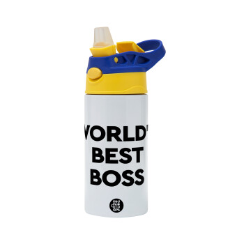 World's best boss, Children's hot water bottle, stainless steel, with safety straw, green, blue (360ml) BPA FREE