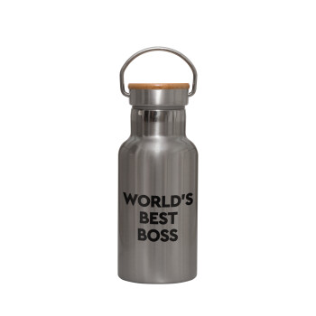 World's best boss, Stainless steel metallic thermos flask, silver with a bamboo lid, double-walled, 350ml.