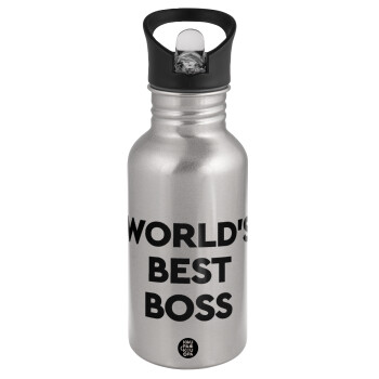 World's best boss, Παγούρι νερού Ασημένιο με καλαμάκι, ανοξείδωτο ατσάλι 500ml