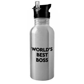 World's best boss, Water bottle Silver with straw, stainless steel 600ml