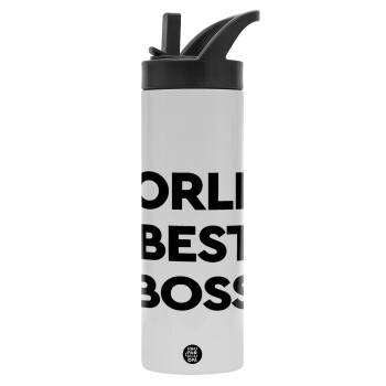 World's best boss, Metallic thermos bottle with straw & handle, stainless steel (Stainless steel 304), double-walled, 600ml.