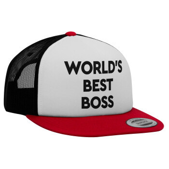 World's best boss, Adult Foam Flat Snapback with Mesh Red-White-Black (POLYESTER, ADULT, UNISEX, ONE SIZE)