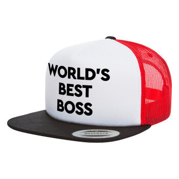 World's best boss, Adult Foam Flat Snapback with Mesh Black-White-Red (POLYESTER, ADULT, UNISEX, ONE SIZE)