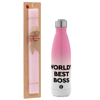 World's best boss, Easter Set, Metallic pink/white (Stainless steel) thermos, double-walled, 500ml & aromatic flat Easter candle (30cm) (PINK)