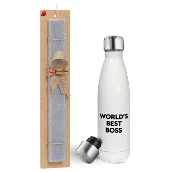 World's best boss, Πασχαλινή λαμπάδα, μεταλλικό παγούρι θερμός λευκός (500ml) & λαμπάδα αρωματική πλακέ (30cm) (ΓΚΡΙ)