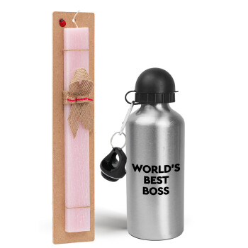 World's best boss, Πασχαλινό Σετ, παγούρι μεταλλικό Ασημένιο αλουμινίου (500ml) & πασχαλινή λαμπάδα αρωματική πλακέ (30cm) (ΡΟΖ)