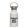 Metallic thermos (Stainless steel) White with wooden lid (bamboo), double-walled, 350ml