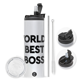 World's best boss, Travel Tumbler 2 Lids, with metal straw & cleaning brush (Stainless steel 304 Food grade, BPA free, 600ml)