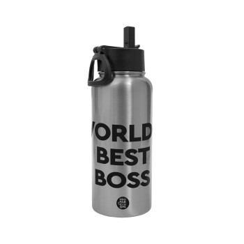 World's best boss, Μεταλλικό παγούρι θερμός Silver με καλαμάκι και χερούλι (Stainless steel), διπλού τοιχώματος, 950ml