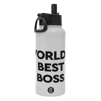 World's best boss, Μεταλλικό παγούρι θερμός Λευκό με καλαμάκι και χερούλι (Stainless steel), διπλού τοιχώματος, 950ml