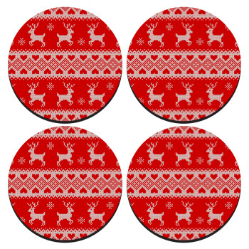 Deer knitted, SET of 4 round wooden coasters (9cm)