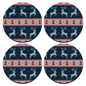 Deer knitted blue, SET of 4 round wooden coasters (9cm)