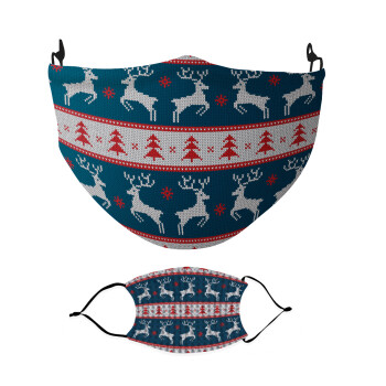 Deer knitted blue, Μάσκα υφασμάτινη Ενηλίκων πολλαπλών στρώσεων με υποδοχή φίλτρου