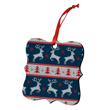 Deer knitted blue, Christmas ornament polygon wooden 7.5cm