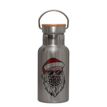 Santa wear mask, Stainless steel metallic thermos flask, silver with a bamboo lid, double-walled, 350ml.