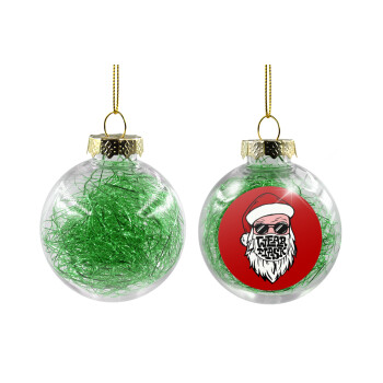 Santa wear mask, Χριστουγεννιάτικη μπάλα δένδρου διάφανη με πράσινο γέμισμα 8cm
