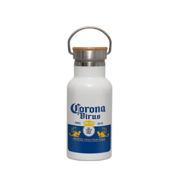 Corona virus, Metallic thermos (Stainless steel) White with wooden lid (bamboo), double-walled, 350ml